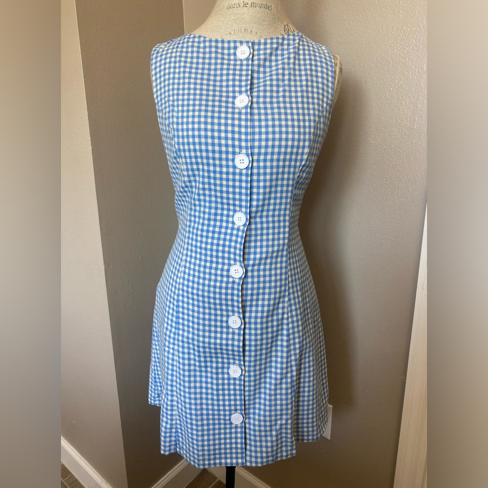 Blue and White Boat Neck Gingham Mini Dress - Picture 2 of 4